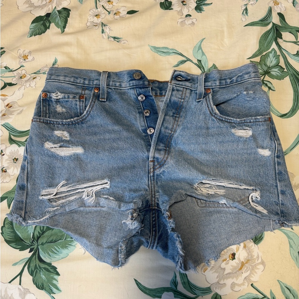 Levi's Button Fly Blue Distressed Jean Shorts